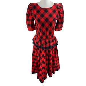 Choon Vtg Womens 7/8‎ Plaid Peplum Below Knee 70s Puff Sleeve Dress A-Line